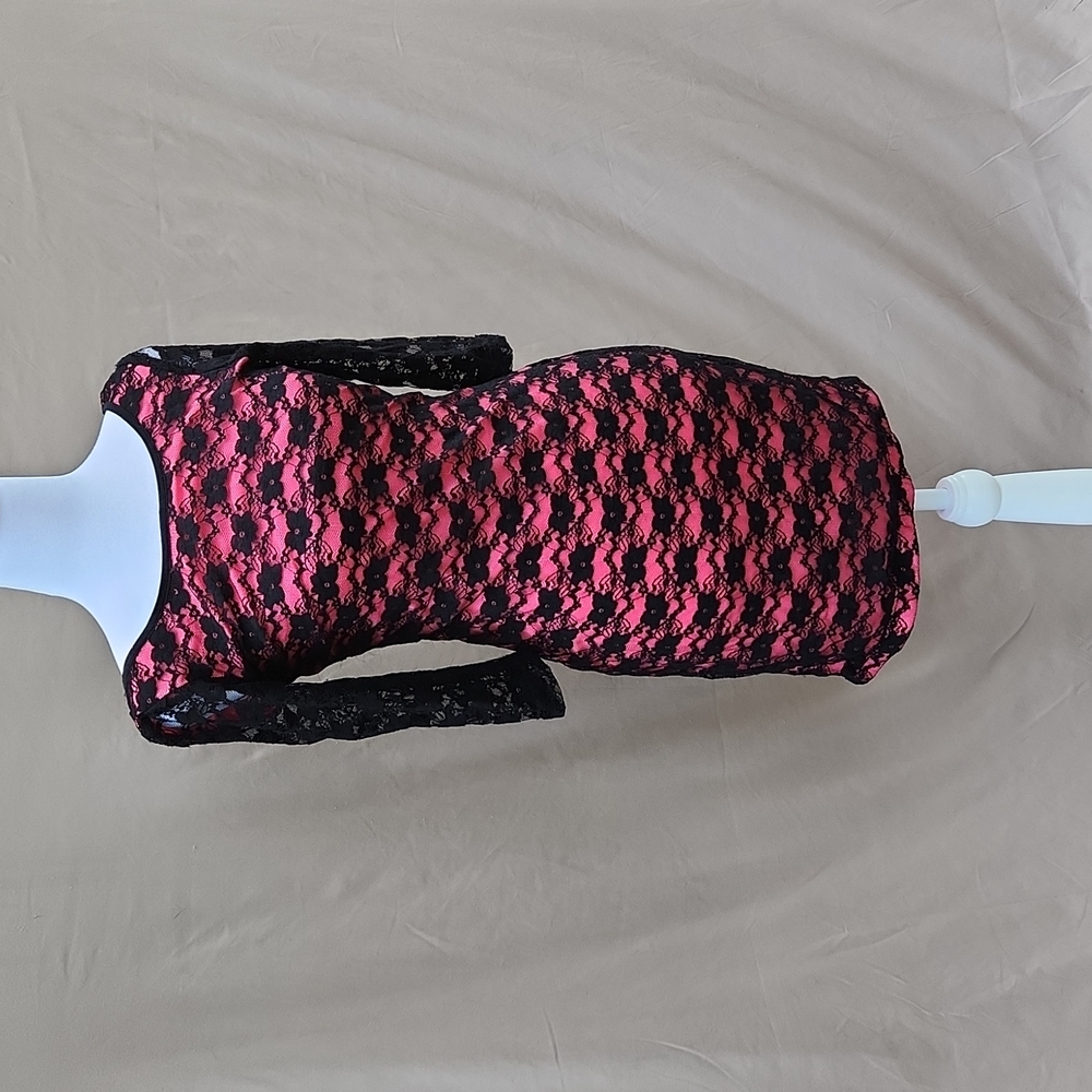 Pink and black low scoop back lace dress, looks like a Betsey Johnson